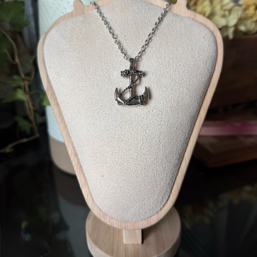 Silver Anchor Rope Pendant Necklace - Nautical Charm